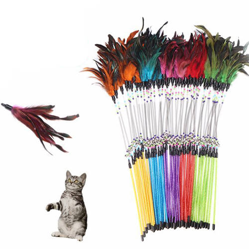 Colorful Feather Cat Toys Funny Spring Rods With Bells Beads Kitten Interactive Plastic Stick Cat Wand Toys Pet Cat Supplies