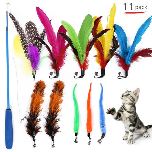 11 PCS Replacement Cat Feather Toy Set，Cat Toys Set Funny Cat Stick Bell Ball Feather Toy Cat Interactive Cat Play Toy