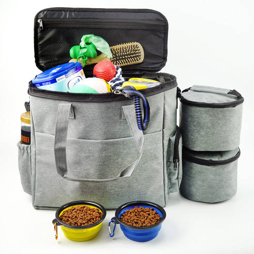 Dog Travel Bag Pet Traveling Camping Set with 2 Food Storage Containers 2x Puppy Feeding Collapsible Water Bowls Dog Accessories