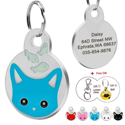 Personalized Round Dog Tag Custom Cat Engraved Name Tags Stainless Steel Cute Cat Face Id Tags For Small Medium Pet Anti-lost