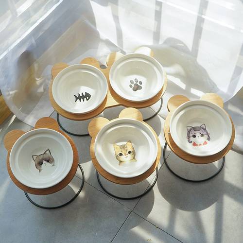 Hot Sale High-end Pet Bowl Bamboo Shelf Ceramic Cat Feeding and Drinking Bowls for Dogs Cats Bowls Pet Feeder Accessories