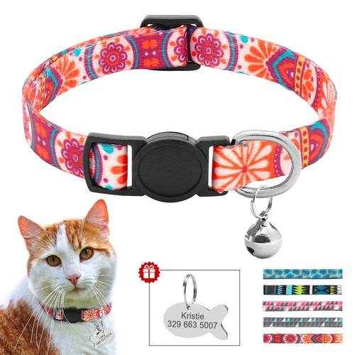 Cute Print Personalized Cat Collar Quick Release Custom Kitten Collars with Bell Engraved Pet Cats Necklace Accessories for Cat