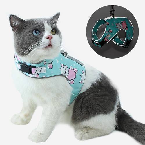 Pet Supplies Cat Harness Pet Leash Set Vest Harness Reflective Polyester Printed Harnesses Velcro Buckle Design Anti-Lost
