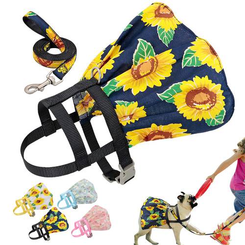 Flower Dog Harness with Leash Set Printed Dog Dress Clothes Nylon Adjustable Pet Harness Floral Dress for Small Medium Dog Cats