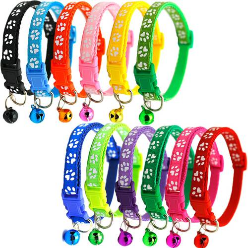 1.0cm Pet Cat Collar Cute Paw Print Cat Bell Collar Adjustable Nylon Ribbon Collar for Cats Small Dogs Puppy Neck Strap 12 Color