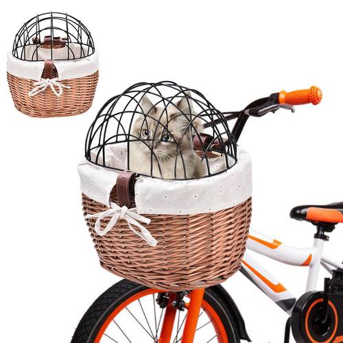 Pet Carrier Wicker Bike Basket Front Handlebar Mount Basket Pet Basket Dog Cat Carrier Hand-woven Rattan Bicycle Storage Holder