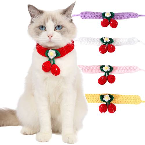 Cat Collar Cute Knitted Collar with Cherry Pet Collar Flower Cute Charm Adjustable Safety Kitty Kitten Collars