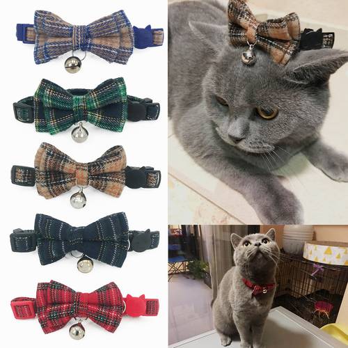 Pet Cat England Syle Bowtie Collar Cats Bow Tie with Bell Lattice Type Necktie for Small Cat Puppy Kitty Pet Accessory