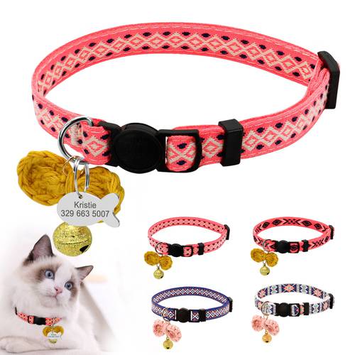 Custom Nylon Cat Collar Quick Release Personalized Cats Collars Cute Kitten Cats ID Collars With Fish Tag Bell Cat Accessories