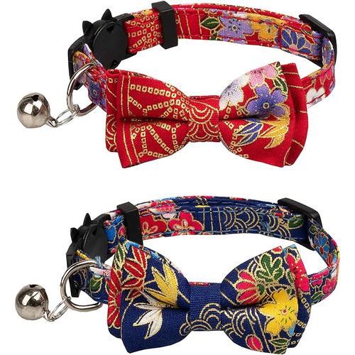 Breakaway Collar for Cats Pets with Bell Bowtie Floral Bow Detachable Adjustable Safety Puppy Chinese Traditional Lucky Charm
