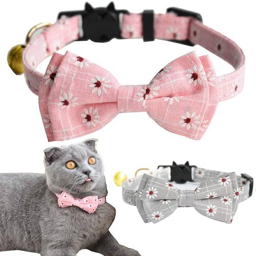 Cat Collar Breakaway with Bell and Bow Tie Flower Pattern Floral Bow Adjustable Safety Kitty Kitten Puppy Collars