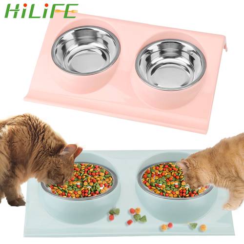 HILIFE Cat Double Bowl Feeding Dishes Stainless Steel Food Water Feeder Dog Bowls For Puppy Kitten Pet Supplies