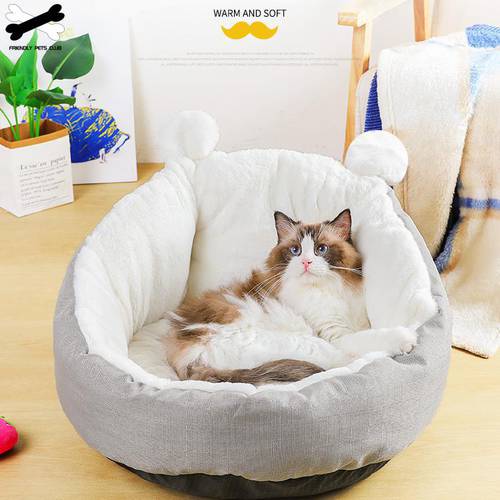 Rabbit Ear House For Cat Winter Warm Short Plush Pet Products Small Dog Kennel Round Windproof Non-slip Nest Cushion Deep Sleep