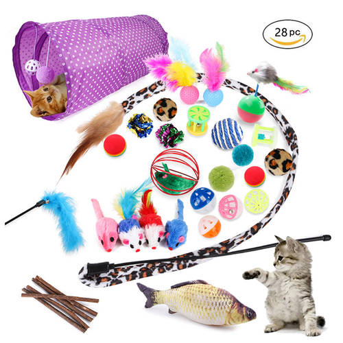 28 Pcs Cat Toy Kitten Toy, Cat Tunnel Cat Mint Fish Feather Teasing Stick Fish Fluffy Mouse Mouse Ball and Bell Toy Cat Kitten