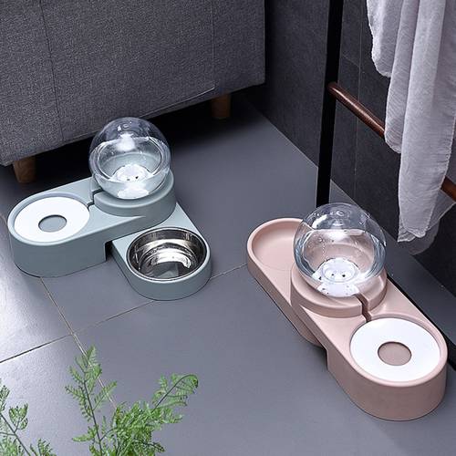 2 In 1 Dual-use Pet Dog Cat Automatic Water Dispenser With Stainless Steel Food Bowl For Dog Cat Water Bottle Container