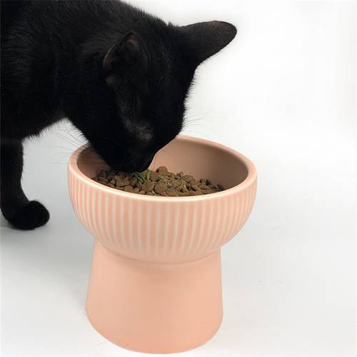 New High Base Ceramics Cat Bowl Neck Health Protection 4-colors Simple Grain for Cat Dog Food and Water Pet Feeder Supplies