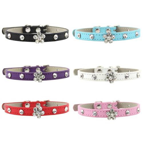 Bling Rhinestone Puppy Cat Collars Adjustable Leather Flower Kitten Collar for Small Medium Dogs Cats Chihuahua Pug Yorkshire