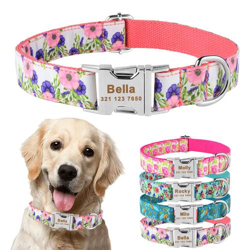 Small Medium Large Personalised Dog Collar Flower Custom Engraved Name ID Tag
