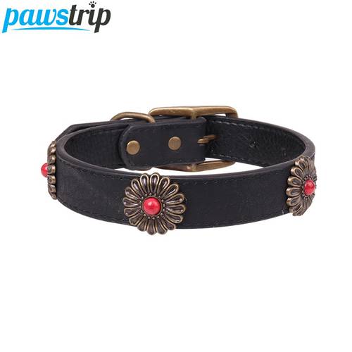 pawstrip Bronze Flower Large Dog Collar Leather Adjustable Puppy Collar 2.5/3.0cm Width Big Dog Collar Lead