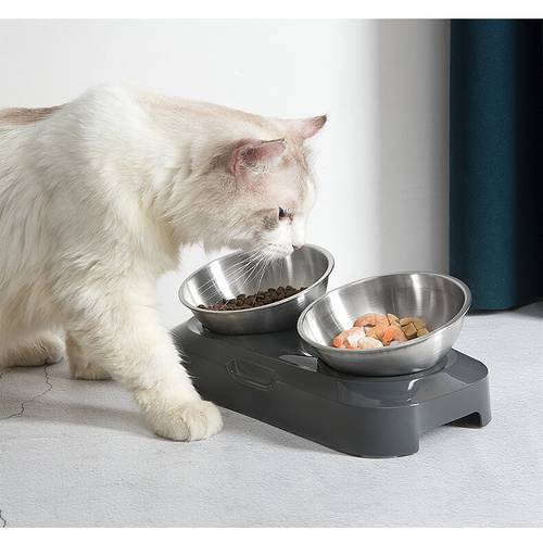 Pet Bowl Cat Double Bowls with Raised Stand Non-slip Food Water Feeder Stainless Steel Cats Feeding Dishes for Dogs Supplies