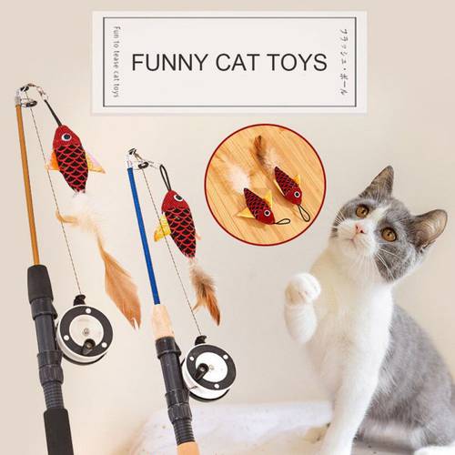 1Pc Cat Interactive Toy Stick Feather Wand Toys Fish-shaped Telescopic Fishing Rod Cat Teaser Toy Supplies Random Color
