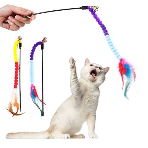 1PC Teaser Feather Toys Kitten Funny Colorful Rod Cat Wand Toys Plastic Bell Pet Cat Toys Interactive Stick Pet Cat Supplies