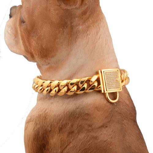 Gold Dog Chain Plated Collars Thick Large Dog Collar Pitull Curb Cuban Pet Link Stainless Steel Pet Supplies 12~32 inch