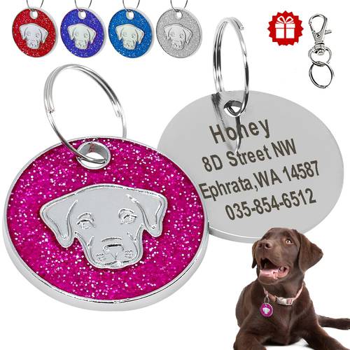 Dog Tag Custom Engraved Dog Collar Accessories Personalized Pet Puppy Name Phone ID Tag Glitter Round Dog Tag Pendant Customized