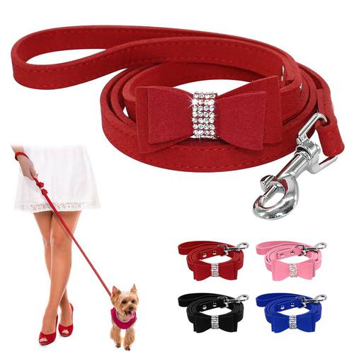 Seude Leather Dog Leash Rope Small Medium Dogs Walking Lead Leashes Strap Bling Rhinestone Bowknot Accessories Pet Supplies Pink