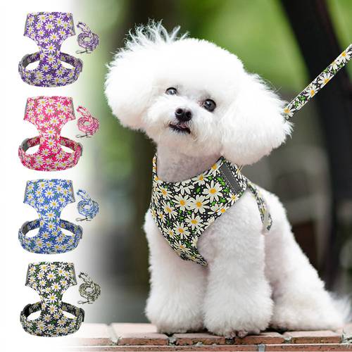 Small Dog Cat Harness Leash Set Nylon Daisy Printed Small Dogs Puppy Harness Vest Leashes for Chihuahua Reflective Pet Vest