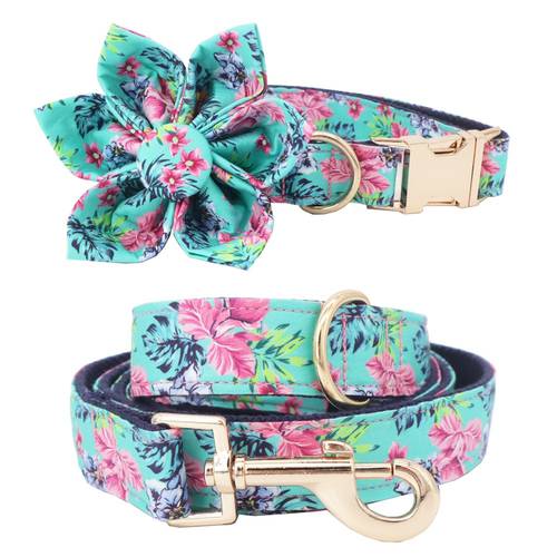 blue floral girl dog collar dog flower and leash set for pet dog cat with rose gold metal buckle