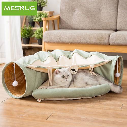 MESNUG Collapsible Cat Tunnel Bed With Scratching Ball Comfortable Warm 2 Way Tube Pet Kitten House For Hiding Hunting Resting