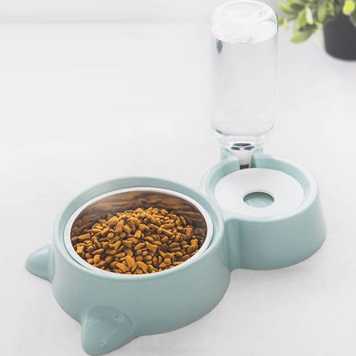 Pet Bowl Automatic Feeder Dog Cat Food Bowl with Water Dispenser Double Bowl Drinking Not Wet Mouth Stainless Steel Pet Supplies