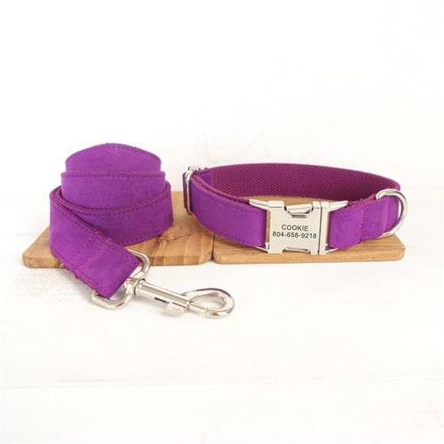 Personalized Pet Collar Customized Nameplate ID Tag Adjustable Soft Purple Suede Fabric Cat Dog Collars Lead Leash Set