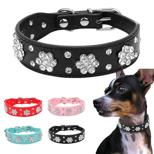 Rhinestone Studded Leather Dog Collar Crystal Pet Puppy Dog Collars for Small Medium Dogs Pink Red Blue Black