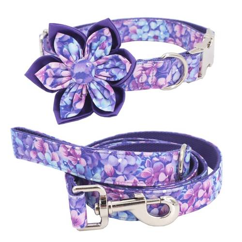 Purple Magic girl dog collar dog flower and leash set for pet dog cat with rose gold metal buckle