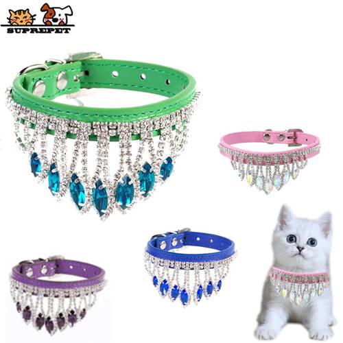 SUPREPET Tassel Diamond Cat Necklace PU Leather Adjustable Kitten Collar Retro Gemstone Pet Collars Dog Puppy Accessories