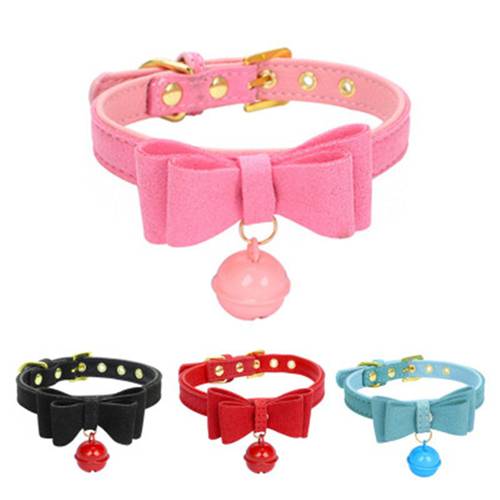 Bowknot Cat Collar PU Leather Bells Necklace Adjustable Small Dog Puppy Kitten Collars Pet Accessories Puppy Small Dogs Collars