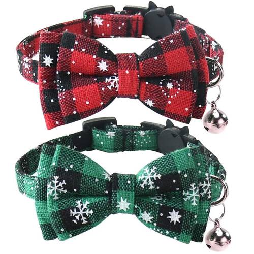 Cat Collar Bow tie and Bell Christmas Snowflake Pattern Breakaway Collars Adjustable Buckle Pet Accessories for Kitten Kitty