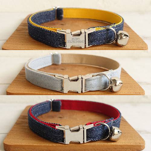 Cat Collar Denim Adjustable Puppy Kitten Cat Collar with bell Personalized Necklace Small Dog Collar Chihuahua Yorshire Bulldog