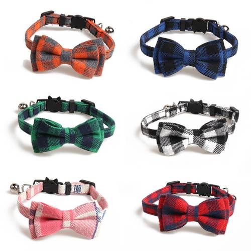 Safety Cat Collar Breakaway with Bow Tie Bells Accessories Plaid Cat Collars for Kitty Kitten Cats Pet Supplies 6 Colors 20-30cm