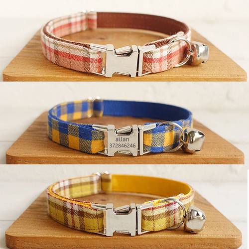 Plaid Grid Cat Collars Personalized Customized Kitten Cats Collar Necklace with Bell Puppy Bulldog Chihuahua Collar Adjustable