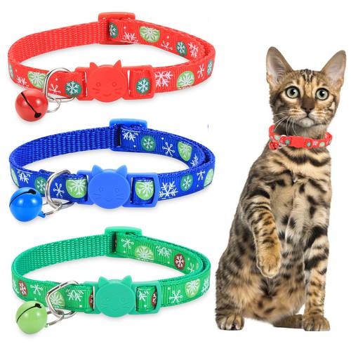 Christma Safety Release Reflective Cat Kitten Collar Necklace Hi-Vis Adjustable Buckle Collar with Bell Pendant Pet Supplies