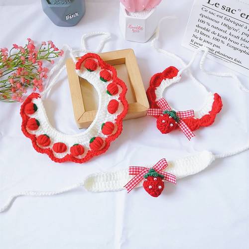 Strawberry Crochet Sweet Cat Necklace Choker Charm Dog Collar Scarf Accessories for Christmas Decoration Kitten Bowtie Pet Kitty
