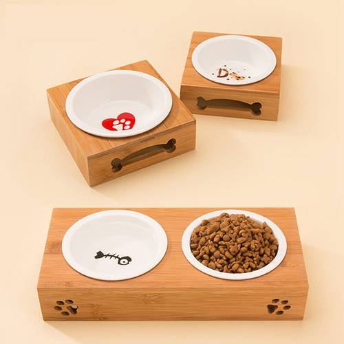 Pet Feeder Elevated Dog and Cat single Double Bowl Raised Stand Comes with ceramics Bowls for Cats and Puppy