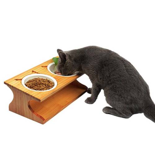 New Pet wooden Tilted Feeders Pet Anti-slip Double Ceramic Bowl Cat Dish with Slope Base Lovely Pet Bowls with bamboo stand
