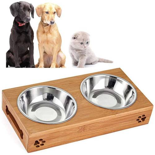 Pet Elevated Stand Ceramic Bowls for Puppy Stainless SteelBamboo Rack Food Water Bowl Feeder Cats Feeding Dog Drinking Bowl