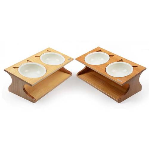 1Set Pet wooden Tilted Feeders Pet Anti-slip Double Ceramic Bowl Cat Dish with Slope Base Lovely Pet Bowls with bamboo stand