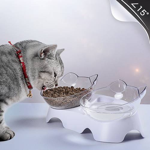 Transparent Cat Bowl Non-Slip Bowls for Cats 15 Degree Tilt Pet Feeder Waterer Neck Protector Pet Bowl With Base Cat Accessories