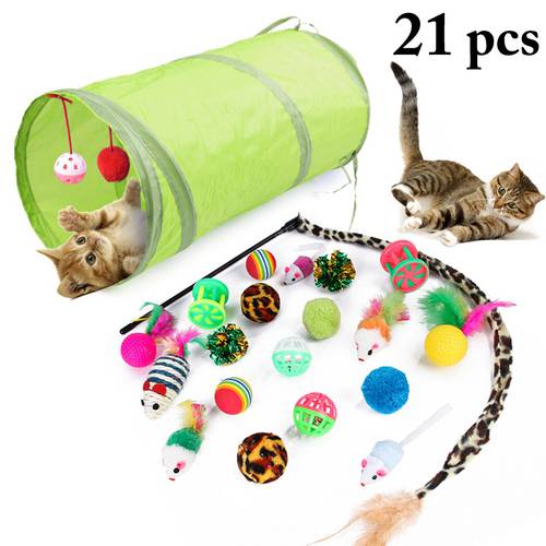 Cat Toy 21Pcs/Set Pet Kit Collapsible Tunnel Cat toy Fun Bell Feather Mice Shape Pet Kitten Dog Cat Interactive Play Supplies
